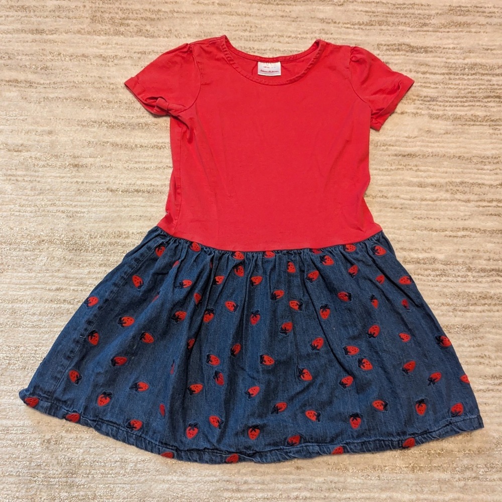 Hanna Andersson Strawberry Denim Dress Kids Sz 140 10 Embroidered Summer Fruit